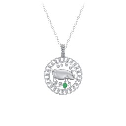 Year of the Pig Chinese Zodiac Medallion Necklace in 925 Sterling Silver with Emerald