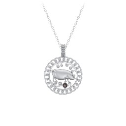 Year of the Pig Chinese Zodiac Medallion Necklace in 925 Sterling Silver with Smokey Quartz