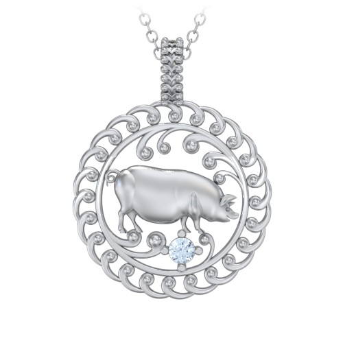 Year of the Pig Chinese Zodiac Medallion Necklace – Sterling Silver with Aquamarine