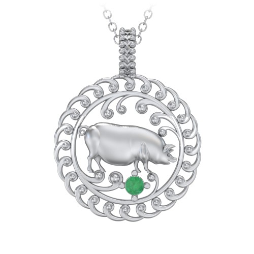 Year of the Pig Chinese Zodiac Medallion Necklace – Sterling Silver with Emerald