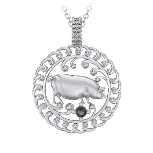 Year of the Pig Chinese Zodiac Medallion Necklace – Sterling Silver with Smokey Quartz