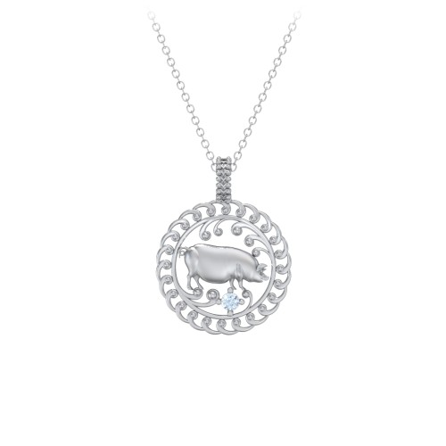 Year of the Pig Chinese Zodiac Medallion Necklace – Sterling Silver with Aquamarine