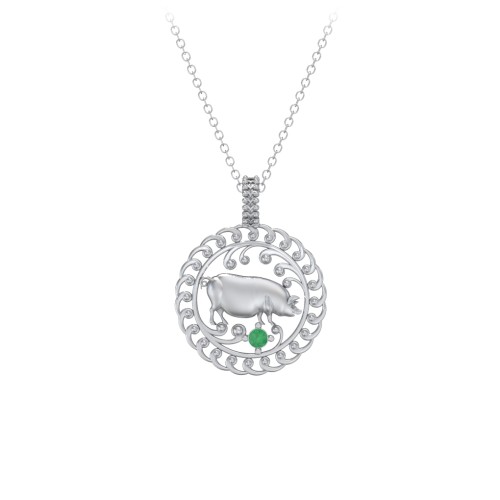 Year of the Pig Chinese Zodiac Medallion Necklace – Sterling Silver with Emerald