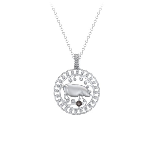 Year of the Pig Chinese Zodiac Medallion Necklace – Sterling Silver with Smokey Quartz