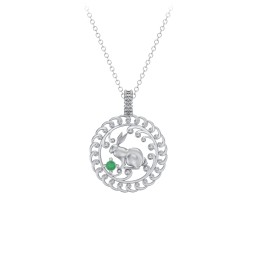 Year of the Rabbit Chinese Zodiac Medallion Necklace in 925 Sterling Silver with Emerald