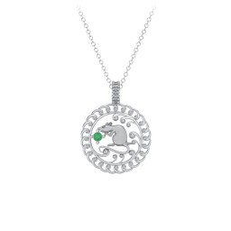 Year of the Rat Chinese Zodiac Medallion Necklace in 925 Sterling Silver with Emerald