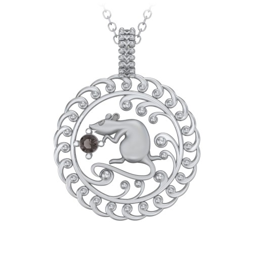 Year of the Rat Chinese Zodiac Medallion Necklace – Sterling Silver with Smokey Quartz