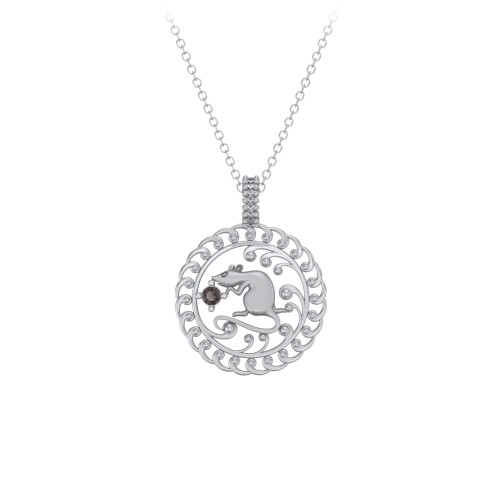Year of the Rat Chinese Zodiac Medallion Necklace – Sterling Silver with Smokey Quartz