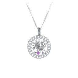Year of the Rooster Chinese Zodiac Medallion Necklace in 925 Sterling Silver with Amethyst