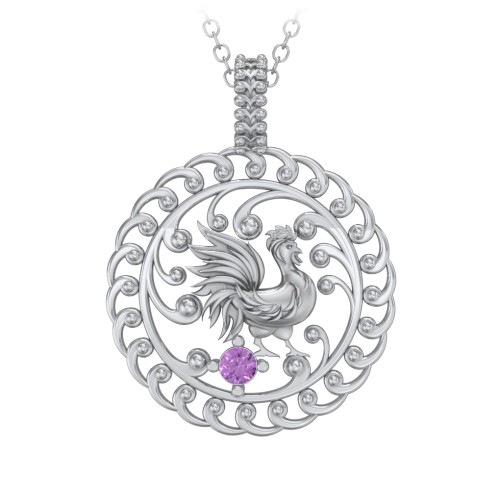 Year of the Rooster Chinese Zodiac Medallion Necklace – Sterling Silver with Amethyst
