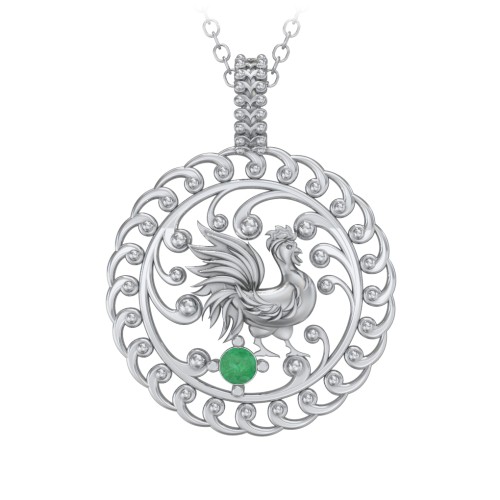 Year of the Rooster Chinese Zodiac Medallion Necklace – Sterling Silver with Emerald