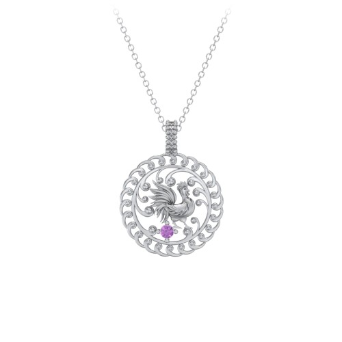 Year of the Rooster Chinese Zodiac Medallion Necklace – Sterling Silver with Amethyst