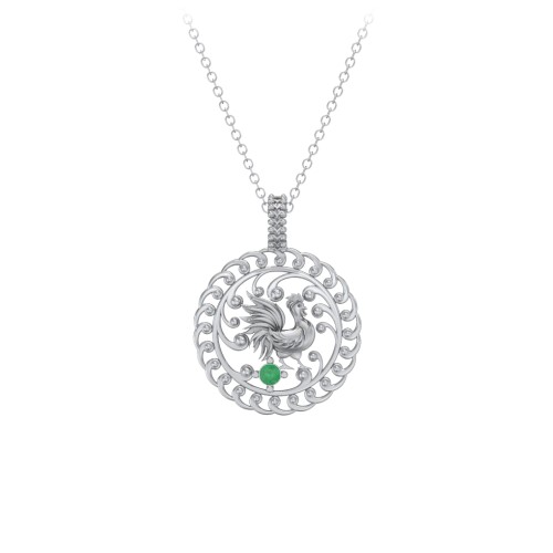 Year of the Rooster Chinese Zodiac Medallion Necklace – Sterling Silver with Emerald