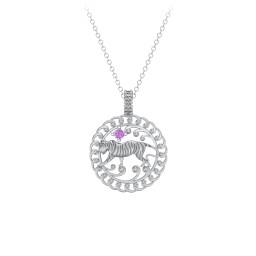 Year of the Tiger Chinese Zodiac Medallion Necklace in 925 Sterling Silver with Amethyst
