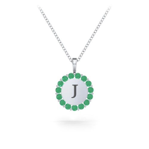 Initial Halo Disc Necklace with Gemstones – Sterling Silver with Emerald