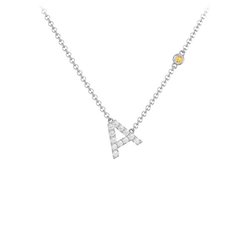 Pavé A Initial Necklace with Satellite Gemstone – Sterling Silver with White Premium Zirconia and Citrine