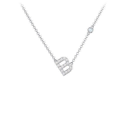 Pavé B Initial Necklace with Satellite Gemstone – Sterling Silver with White Premium Zirconia and Aquamarine