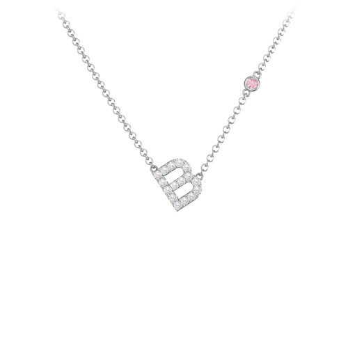 Pavé B Initial Necklace with Satellite Gemstone – Sterling Silver with White Premium Zirconia and Pink Tourmaline