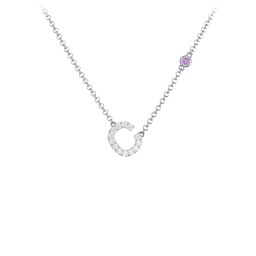 Pavé C Initial Necklace with Satellite Gemstone in 925 Sterling Silver with White Premium Zirconia and Amethyst