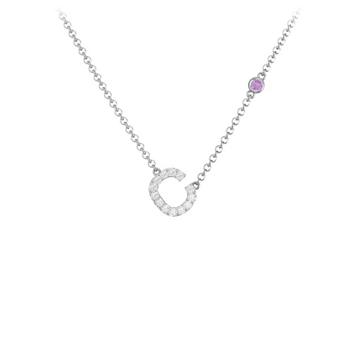 Pavé C Initial Necklace with Satellite Gemstone – Sterling Silver with White Premium Zirconia and Amethyst