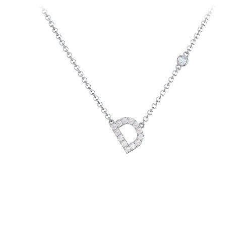 Pavé D Initial Necklace with Satellite Gemstone – Sterling Silver with White Premium Zirconia and Aquamarine