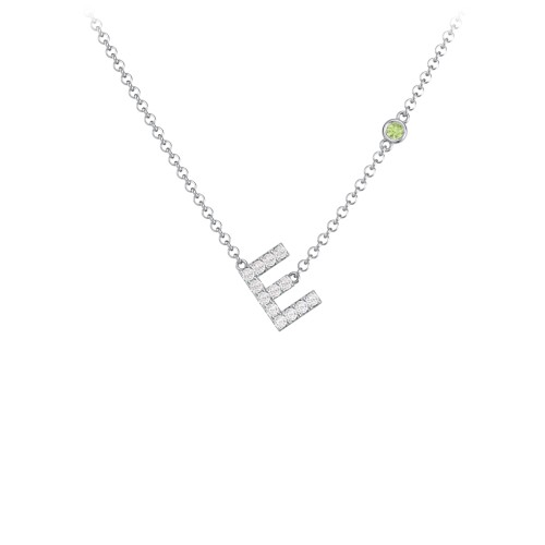 Pavé E Initial Necklace with Satellite Gemstone – Sterling Silver with White Premium Zirconia and Peridot
