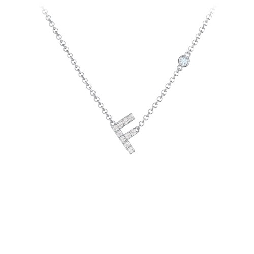 Pavé F Initial Necklace with Satellite Gemstone – Sterling Silver with White Premium Zirconia and Aquamarine