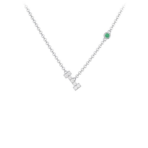 Pavé I Initial Necklace with Satellite Gemstone – Sterling Silver with White Premium Zirconia and Emerald