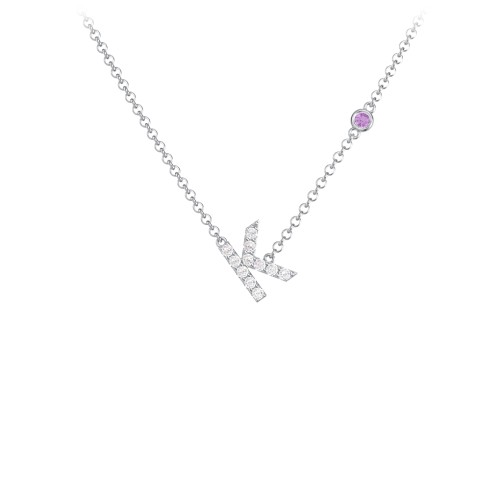Pavé K Initial Necklace with Satellite Gemstone – Sterling Silver with White Premium Zirconia and Amethyst