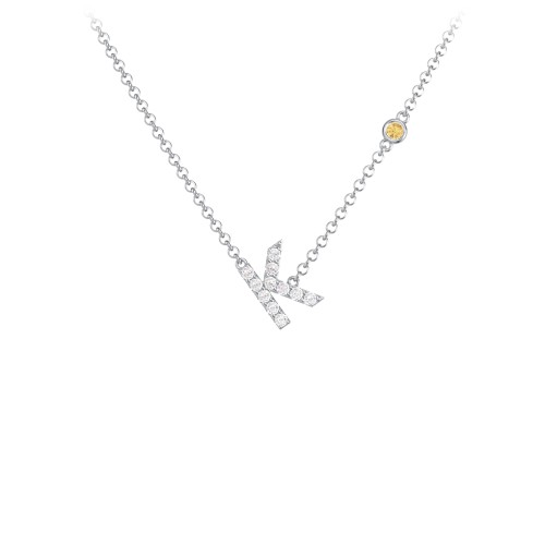 Pavé K Initial Necklace with Satellite Gemstone – Sterling Silver with White Premium Zirconia and Citrine