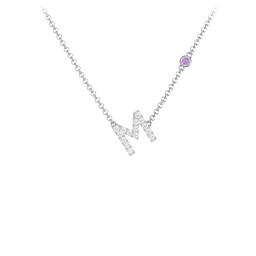 Pavé M Initial Necklace with Satellite Gemstone in 925 Sterling Silver with White Premium Zirconia and Amethyst
