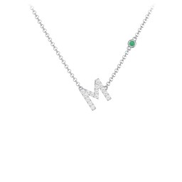 Pavé M Initial Necklace with Satellite Gemstone in 925 Sterling Silver with White Premium Zirconia and Emerald
