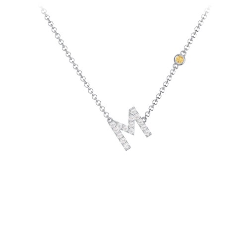 Pavé M Initial Necklace with Satellite Gemstone – Sterling Silver with White Premium Zirconia and Citrine