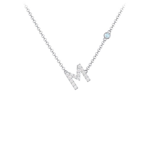 Pavé M Initial Necklace with Satellite Gemstone – Sterling Silver with White Premium Zirconia and Blue Topaz
