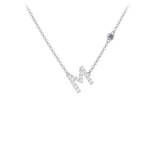 Pavé M Initial Necklace with Satellite Gemstone – Sterling Silver with White Premium Zirconia and Alexandrite