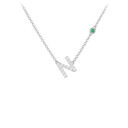 Pavé N Initial Necklace with Satellite Gemstone in 925 Sterling Silver with White Premium Zirconia and Emerald