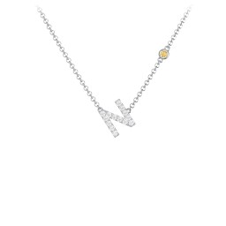 Pavé N Initial Necklace with Satellite Gemstone in 925 Sterling Silver with White Premium Zirconia and Citrine
