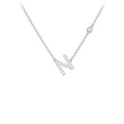 Pavé N Initial Necklace with Satellite Gemstone in 925 Sterling Silver with White Premium Zirconia and Blue Topaz