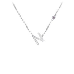 Pavé N Initial Necklace with Satellite Gemstone in 925 Sterling Silver with White Premium Zirconia and Alexandrite