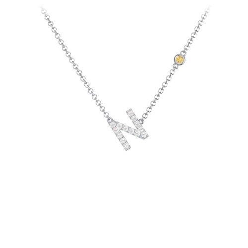 Pavé N Initial Necklace with Satellite Gemstone – Sterling Silver with White Premium Zirconia and Citrine