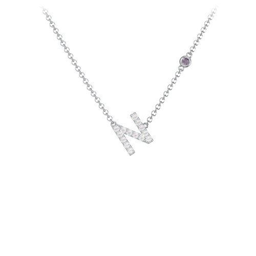 Pavé N Initial Necklace with Satellite Gemstone – Sterling Silver with White Premium Zirconia and Alexandrite