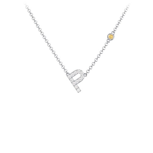 Pavé P Initial Necklace with Satellite Gemstone – Sterling Silver with White Premium Zirconia and Citrine