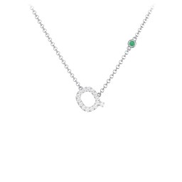 Pavé Q Initial Necklace with Satellite Gemstone in 925 Sterling Silver with White Premium Zirconia and Emerald