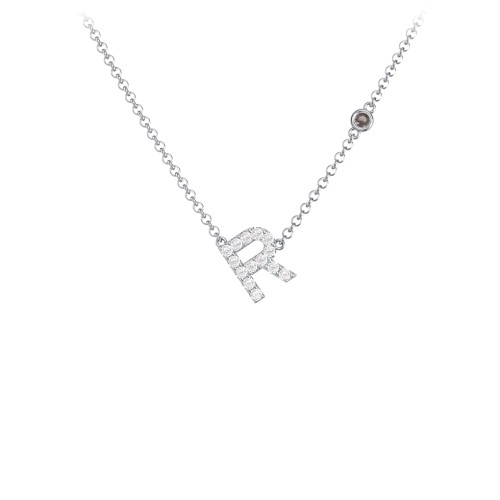 Pavé R Initial Necklace with Satellite Gemstone – Sterling Silver with White Premium Zirconia and Smokey Quartz
