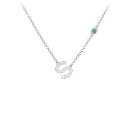 Pavé S Initial Necklace with Satellite Gemstone in 925 Sterling Silver with White Premium Zirconia and Emerald