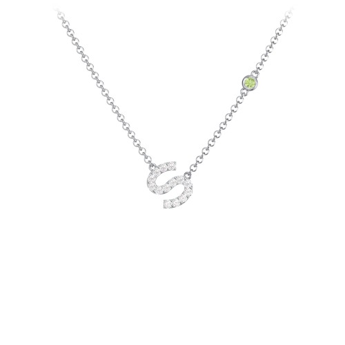 Pavé S Initial Necklace with Satellite Gemstone – Sterling Silver with White Premium Zirconia and Peridot
