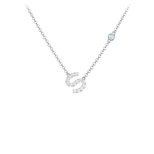 Pavé S Initial Necklace with Satellite Gemstone – Sterling Silver with White Premium Zirconia and Blue Topaz