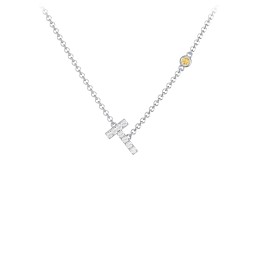 Pavé T Initial Necklace with Satellite Gemstone in 925 Sterling Silver with White Premium Zirconia and Citrine