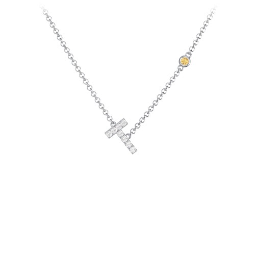 Pavé T Initial Necklace with Satellite Gemstone – Sterling Silver with White Premium Zirconia and Citrine