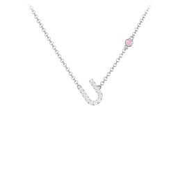 Pavé U Initial Necklace with Satellite Gemstone in 925 Sterling Silver with White Premium Zirconia and Pink Tourmaline
